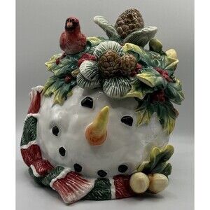 CHRISTOPHER RADKO ROUND SNOWMAN CARDINAL COOKIE JAR CHRISTMAS NEW 10 IN X 9IN